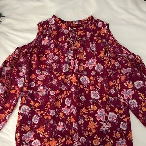 Cooper & Ella Burgundy Floral Top cold shoulder